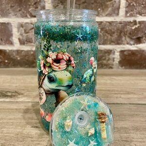 Handmade Acrylic Glitter Tumbler w/ Straw | Sea Turtle Beach Cup | 16oz Reusable